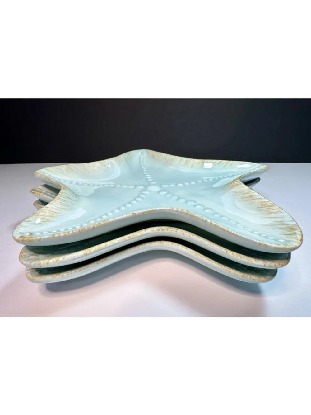 Blue Sky 2007 Starfish Set Of 3 Snack Plate Trinket Dish Beach Decor Aqua 8”